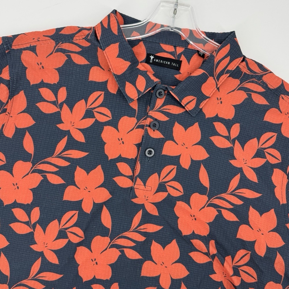 American Tall Men 2XL Tall Floral Polo Shirt Navy Orange Performance Golf Casual